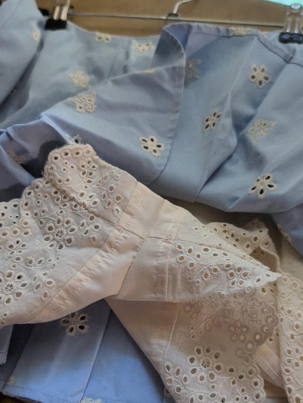 Lacemade Floral Eyelet Embroidered Light Blue Pleated Mini Skirt with Lace Hem - Picture 7 of 16